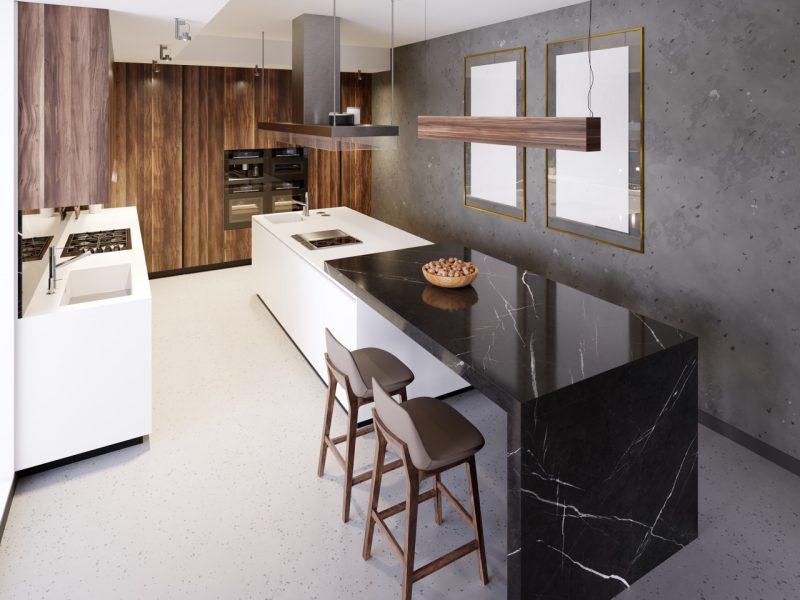 Luxurious bar counter in a modern kitchen and a large panoramic window. Kitchen of different materials, marble, wood, plastic. 3d rendering.